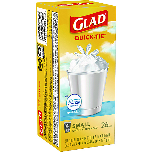 Glad OdorShield Quick-Tie Small Trash Bags, Tie-Flap, 4 gal, Fresh Clean Scent, 8" x 18", White, 26 Bags/Box, 6 Boxes/Carton (78812)