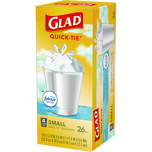 Glad OdorShield Quick-Tie Small Trash Bags, Tie-Flap, 4 gal, Fresh Clean Scent, 8" x 18", White, 26 Bags/Box, 6 Boxes/Carton (78812)