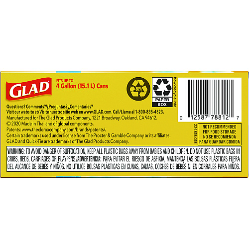 Glad OdorShield Quick-Tie Small Trash Bags, Tie-Flap, 4 gal, Fresh Clean Scent, 8" x 18", White, 26 Bags/Box, 6 Boxes/Carton (78812)