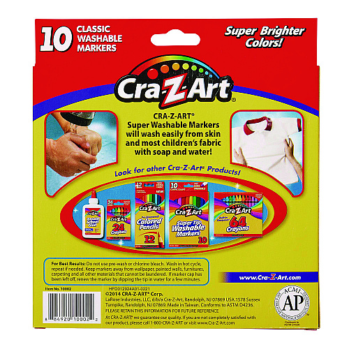 Cra-Z-Art Super Washable Markers, Broad Bullet Tip, Assorted Colors, 10/Set (1000224)