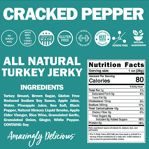Field Trip Turkey Jerky, Cracked Pepper Turkey, 1 oz Bag, 12 Bags/Carton (FLD00508)