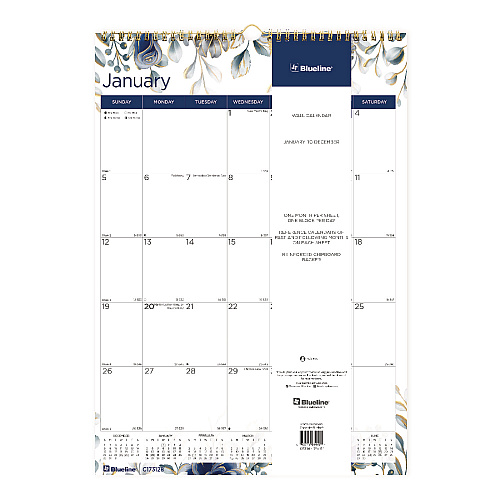 Blueline 12-Month Colorful Wall Calendar, Floral Artwork, 12 x 17, White Sheets, 12-Month (Jan to Dec): 2026 (C173128)