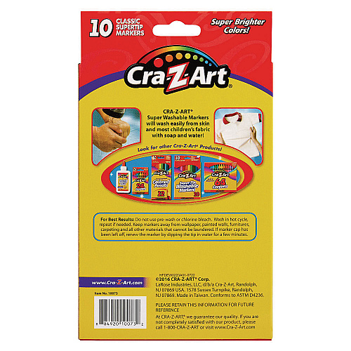 Cra-Z-Art Washable SuperTip Markers, Fine/Broad Bullet Tips, Assorted Colors, 10/Set (1007348)