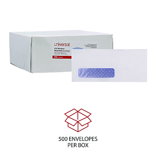 Universal Open-Side Security Tint Business Envelope, 1 Window, #10, Commercial Flap, Gummed Closure, 4.13 x 9.5, White, 500/Box (UNV35203)