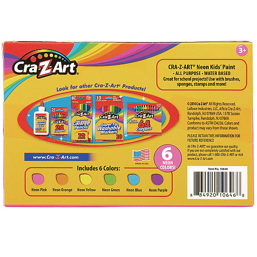 Cra-Z-Art Neon Washable Kids' Paint, 6 Assorted Neon Colors, 2 oz Bottle, 6/Pack (106466)