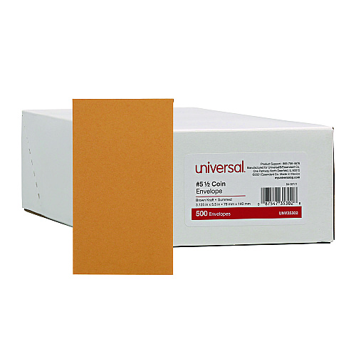Universal Kraft Coin Envelope, #5 1/2, Round Flap, Gummed Closure, 3.13 x 5.5, Light Brown Kraft, 500/Box (UNV35302)