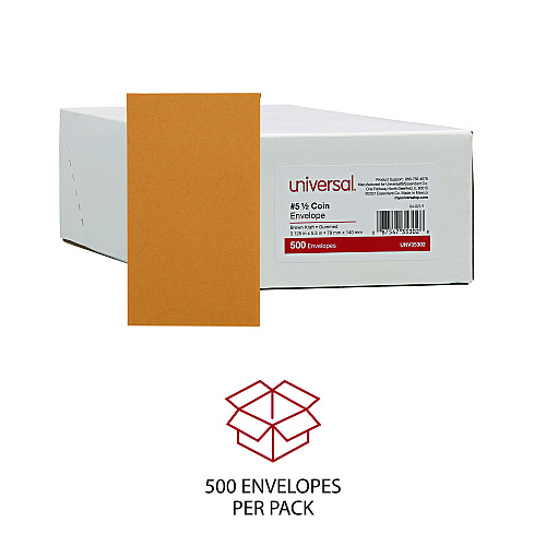 Universal Kraft Coin Envelope, #5 1/2, Round Flap, Gummed Closure, 3.13 x 5.5, Light Brown Kraft, 500/Box (UNV35302)