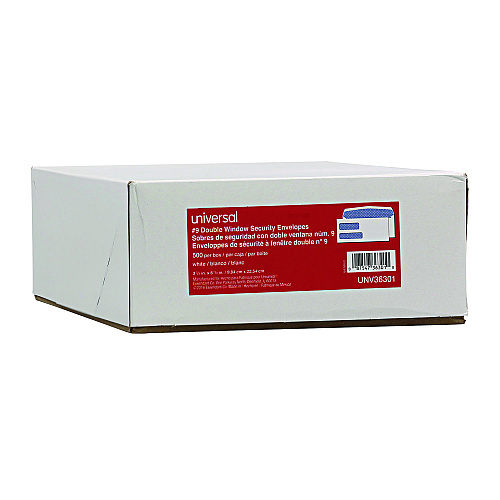 Universal Double Window Business Envelope, #9, Commercial Flap, Gummed Closure, 3.88 x 8.88, White, 500/Box (UNV36301)
