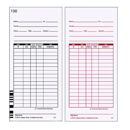 Time Clock Cards for Lathem Time 7000E, Two Sides, 3.5 x 7.25, 100/Pack (E7100)