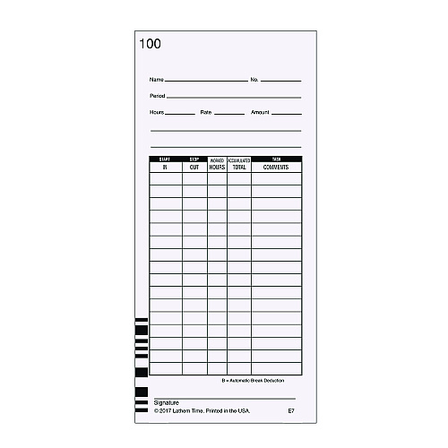 Time Clock Cards for Lathem Time 7000E, Two Sides, 3.5 x 7.25, 100/Pack (E7100)