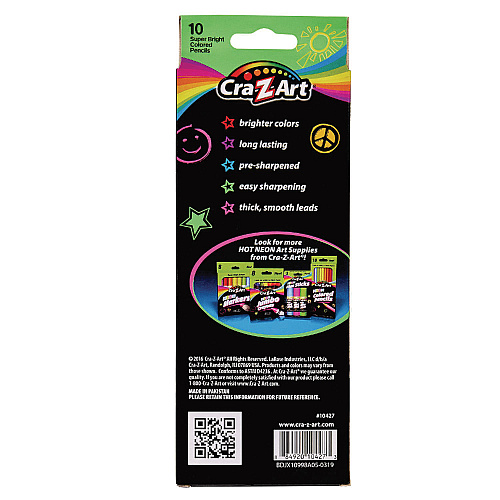 Cra-Z-Art Neon Colored Pencils, 10 Assorted Lead and Barrell Colors, 10/Set (1042772)
