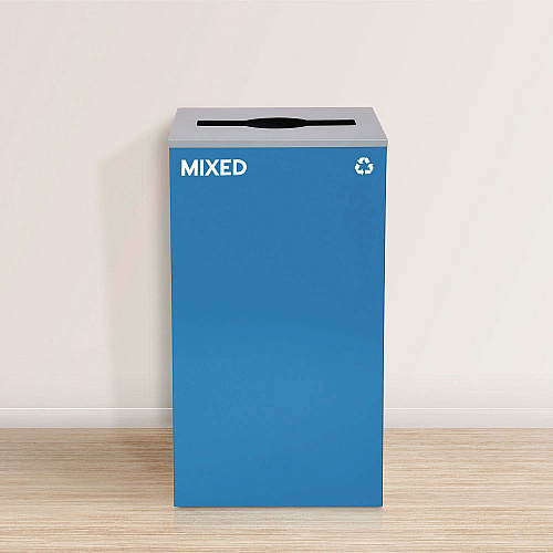 Alpine 29 Gallon Trash/Recycling Cans, Steel, Blue Mixed Recycling with Mixed Lid, Black Trash Can with Square Lid (4450BLKKIT3)