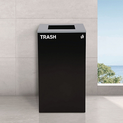 Alpine 29 Gallon Trash/Recycling Cans, Steel, Blue Mixed Recycling with Mixed Lid, Black Trash Can with Square Lid (4450BLKKIT3)