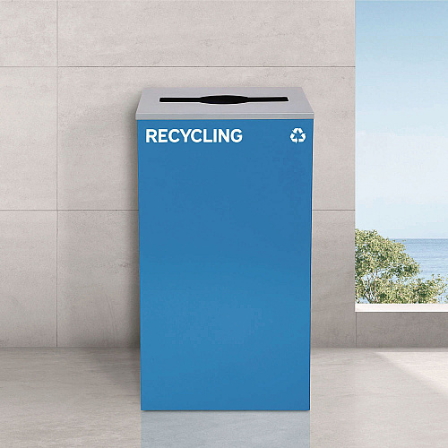 Alpine 29 Gallon Trash/Recycling Cans, Steel, Blue Recycling with Mixed Lid, Black Trash Can with Square Lid (4450BLKKIT4)