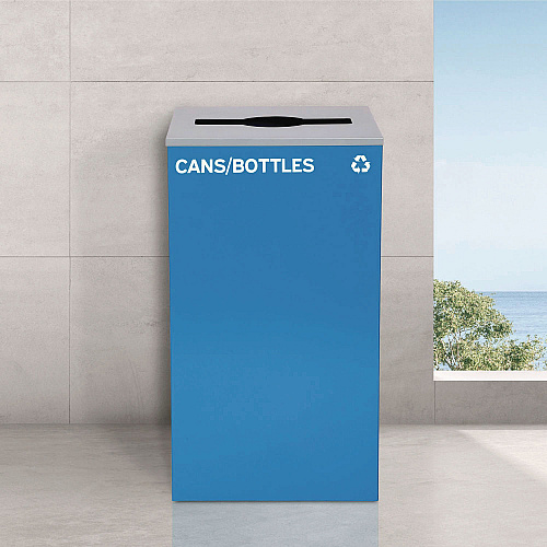 Alpine 29 Gallon Trash/Recycling Cans, Steel, Blue Cans/Bottles Recycling with Mixed Lid, Black Trash Can with Square Lid (4450BLKKIT5)