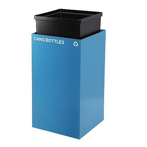 Alpine 29 Gallon Trash/Recycling Cans, Steel, Blue Cans/Bottles Recycling with Mixed Lid, Black Trash Can with Square Lid (4450BLKKIT5)