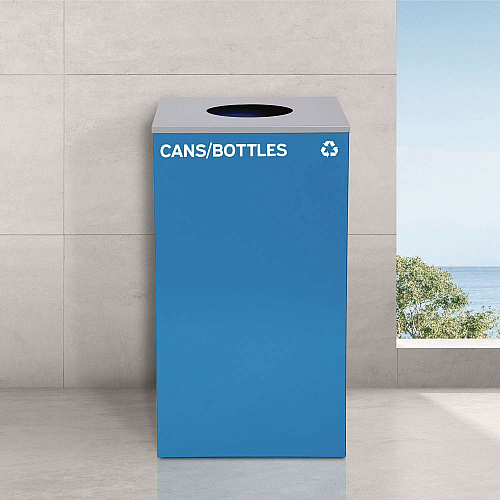 Alpine 29 Gallon Trash/Recycling Cans, Steel, Blue Cans/Bottles Recycling with Circle Lid, Black Trash Can with Square Lid (4450BLKKIT7)