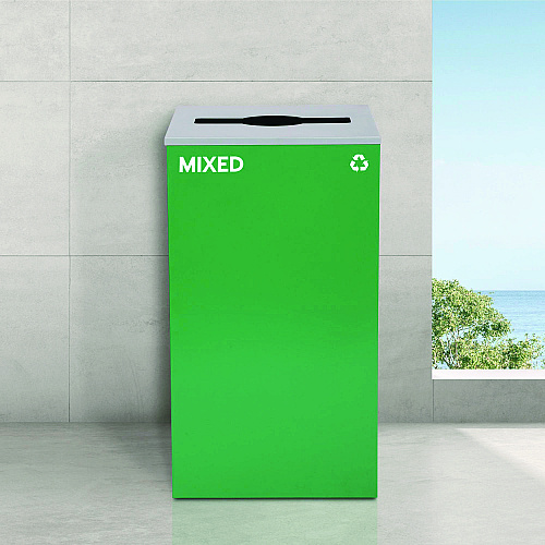 Alpine 29 Gallon Trash/Recycling Cans, Steel, Green Mixed Recycling Can with Mixed Lid, Black Trash Can with Square Lid (4450BLKKIT11)
