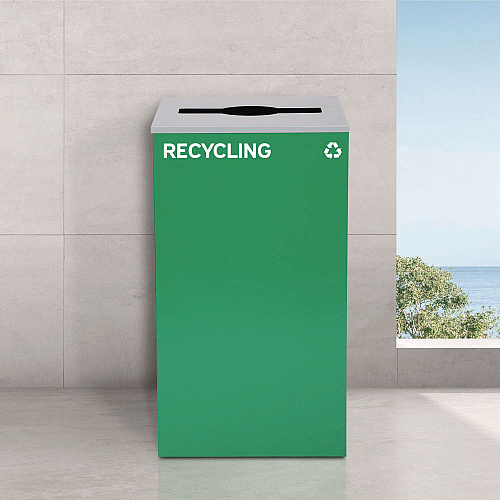 Alpine 29 Gallon Trash/Recycling Cans, Steel, Green Recycling Can with Mixed Lid, Black Trash Can with Square Lid (4450BLKKIT12)