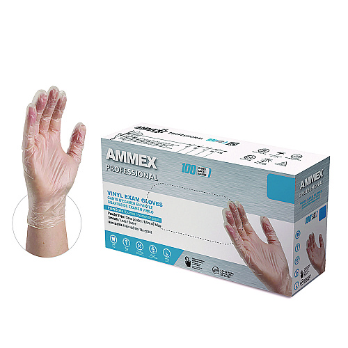 AMMEX Professional Vinyl Exam Gloves, Powder-Free, X-Large, Clear, 100/Box (VPF68100BX)