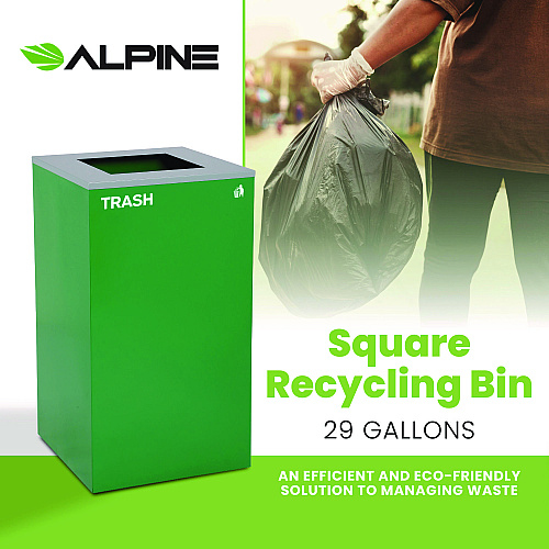 Alpine 29 Gallon Trash/Recycling Cans, Steel, Green Trash Can with Square Lid (4450KITGRNST)