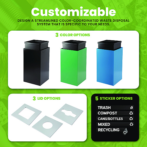 Alpine 29 Gallon Trash/Recycling Cans, Steel, Green Trash Can with Square Lid (4450KITGRNST)