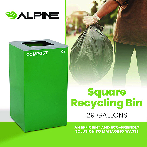 Alpine 29 Gallon Trash/Recycling Cans, Steel, Green Compost Can with Square Lid (4450KITGRNSC)