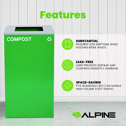 Alpine 29 Gallon Trash/Recycling Cans, Steel, Green Compost Can with Square Lid (4450KITGRNSC)