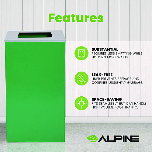 Alpine 29 Gallon Trash/Recycling Cans, Steel, Green Can with Square Lid (4450KITGRNS)