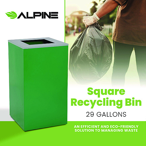 Alpine 29 Gallon Trash/Recycling Cans, Steel, Green Can with Square Lid (4450KITGRNS)
