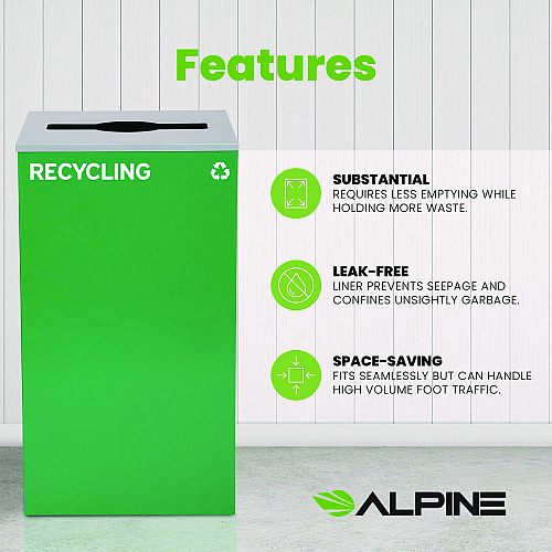Alpine 29 Gallon Trash/Recycling Cans, Steel, Green Recycling Can with Mixed Lid (4450KITGRNMR)