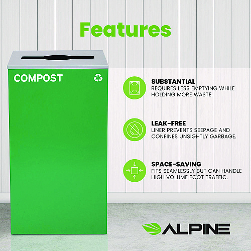 Alpine 29 Gallon Trash/Recycling Cans, Steel, Green Compost Can with Mixed Lid (4450KITGRNMC)