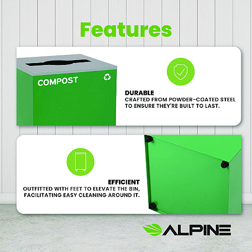 Alpine 29 Gallon Trash/Recycling Cans, Steel, Green Compost Can with Mixed Lid (4450KITGRNMC)