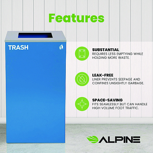 Alpine 29 Gallon Trash/Recycling Cans, Steel, Blue Trash Can with Square Lid (4450KITBLUST)