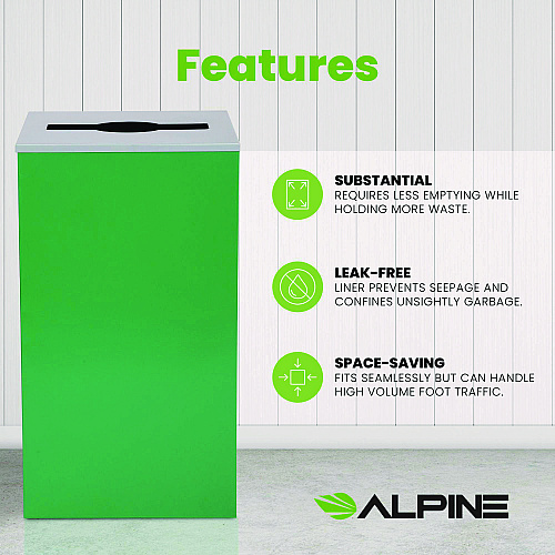 Alpine 29 Gallon Trash/Recycling Cans, Steel, Green Can with Mixed Lid (4450KITGRNM)