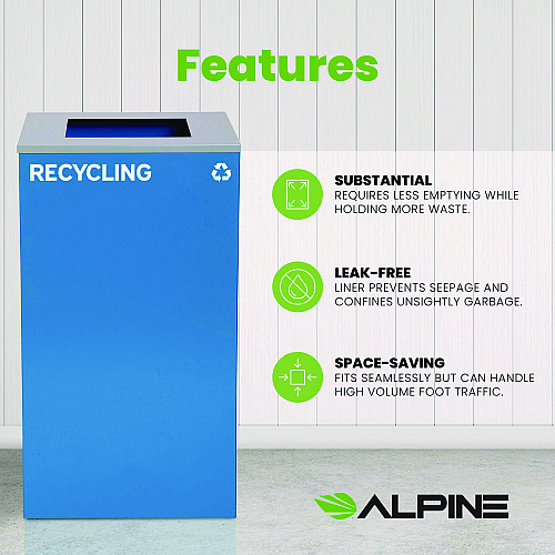 Alpine 29 Gallon Trash/Recycling Cans, Steel, Blue Recycling Can with Square Lid (4450KITBLUSR)