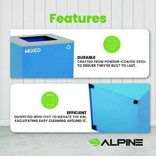 Alpine 29 Gallon Trash/Recycling Cans, Steel, Blue Mixed Recycling Can with Square Lid (4450KITBLUSM)