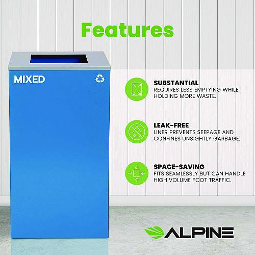 Alpine 29 Gallon Trash/Recycling Cans, Steel, Blue Mixed Recycling Can with Square Lid (4450KITBLUSM)