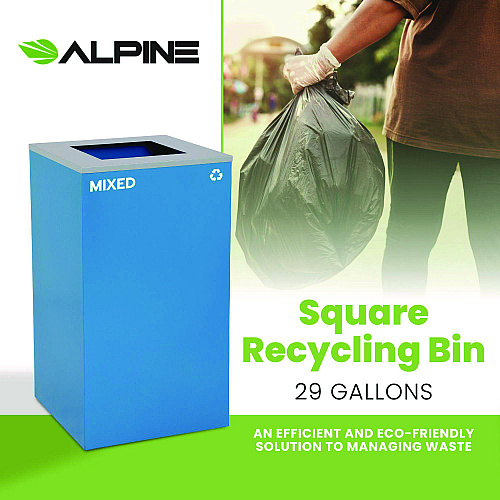 Alpine 29 Gallon Trash/Recycling Cans, Steel, Blue Mixed Recycling Can with Square Lid (4450KITBLUSM)