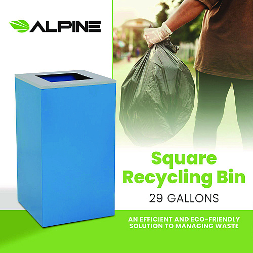 Alpine 29 Gallon Trash/Recycling Cans, Steel, Blue Can with Square Lid (4450KITBLUS)