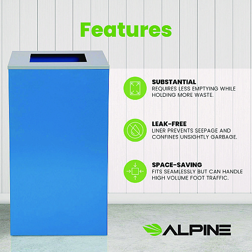Alpine 29 Gallon Trash/Recycling Cans, Steel, Blue Can with Square Lid (4450KITBLUS)