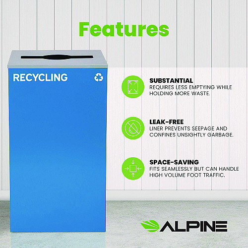 Alpine 29 Gallon Trash/Recycling Cans, Steel, Blue Recycling Can with Mixed Lid (4450KITBLUMR)