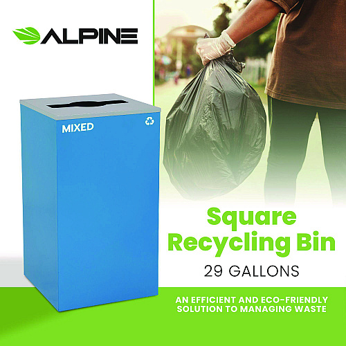 Alpine 29 Gallon Trash/Recycling Cans, Steel, Blue Mixed Recycling Can with Mixed Lid (4450KITBLUMM)