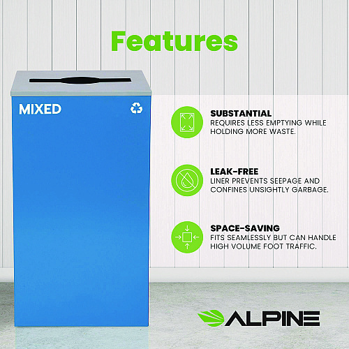 Alpine 29 Gallon Trash/Recycling Cans, Steel, Blue Mixed Recycling Can with Mixed Lid (4450KITBLUMM)