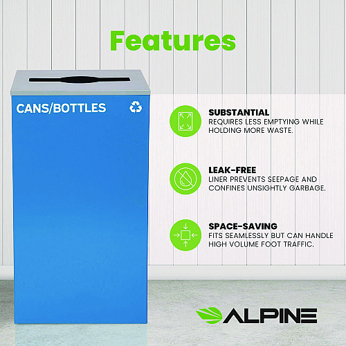 Alpine 29 Gallon Trash/Recycling Cans, Steel, Blue Cans/Bottles Recycling Can with Mixed Lid (4450KITBLUMC)