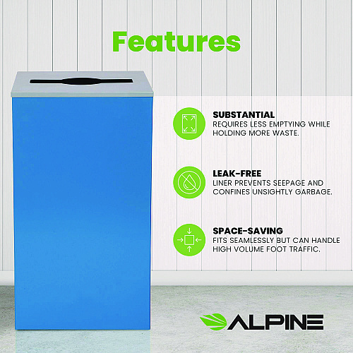 Alpine 29 Gallon Trash/Recycling Cans, Steel, Blue Can with Mixed Lid (4450KITBLUM)