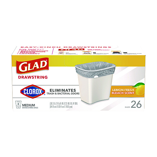 Glad Medium Drawstring Trash Bags with Clorox, 8 gal, Lemon Fresh Bleach Scent, 0.74 mil, 23" x 21.63", Gray, 26/Box (79316)