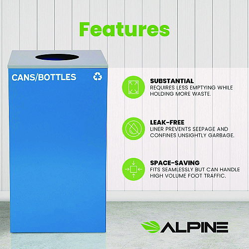 Alpine 29 Gallon Trash/Recycling Cans, Steel, Blue Cans/Bottles Recycling Can with Circle Lid (4450KITBLUCC)