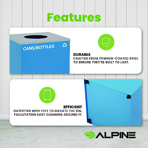 Alpine 29 Gallon Trash/Recycling Cans, Steel, Blue Cans/Bottles Recycling Can with Circle Lid (4450KITBLUCC)