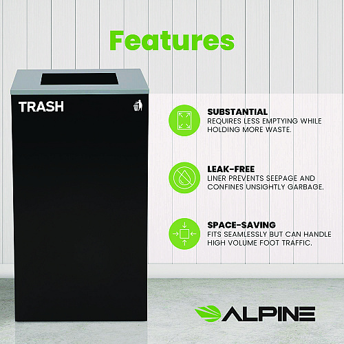 Alpine 29 Gallon Trash/Recycling Cans, Steel, Black Trash Can with Square Lid (4450KITBLKST)